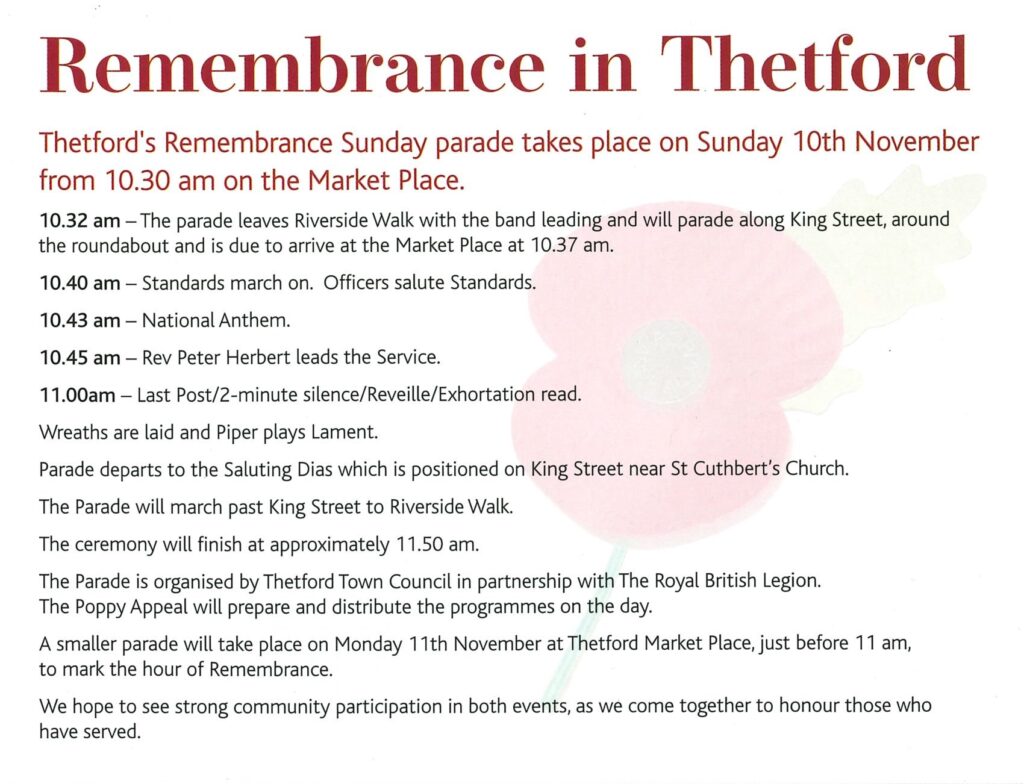 List of Timings for Thetford Remembrance Service. Text listed in post below