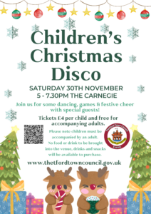 Children's Christmas Disco Poster with images of reindeer and Christmas Tree