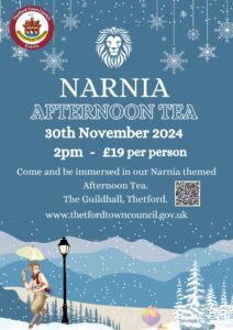 A wintery scene, with characters from the Narnia world advertising the Narnia Afternoon Tea