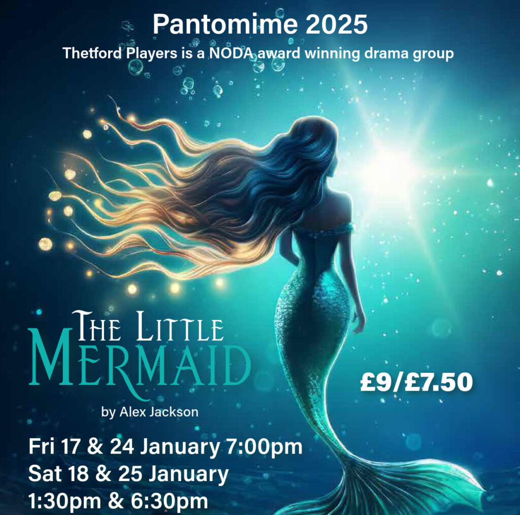 A poster depicting a mermaid for Thetford Players Pantomime